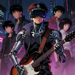 photo portrait of a japanese cyberpunk cyborg male with a guitar, finely detailed features, cyborg robot parts, futuristic vr headset, blade runner, dramatic cinematic, at cyberpunk city, ghost in the shell, akira, odeo, cinematic lighting, in danger, noir, trending on pixiv fanbox, painted by greg rutkowski, makoto shinkai, takashi takeuchi, craig mullins, mamoru oshii, alphonse mucha, studio ghibli, pixiv