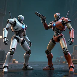 two evil humanoid robots making with a gun, cyberpunk style, wide shot, long shot