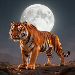 a unreal engine scene, tiger of fire, full moon, concept art, hyperrealistic, trending on artstation, high quality, highly detailed, path traced, soft lighting, soft colors, digital art, 8 k hdr, octane render, unreal engine 5,