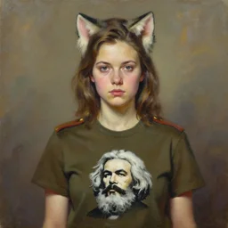 oil paining of twentytwo year old female character with ( ( ( cat ears ) ) ) wearing soviet era uniform, wearing a tshirt with a face of karl marx on it, in the style of krenz cushart