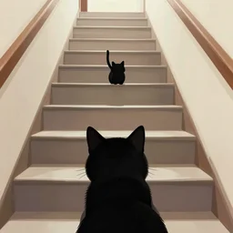 looking down a flight of stairs at a black cat, first person perspective, digital illustration, artstation, artstation hq, hd