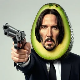 avocado with face of john wick holding a gun