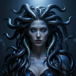 dark portrait of medusa, deep blue, wires instead of snakes, high detail concept art, dark fantasy, backlight, atmospheric, trending on artstation