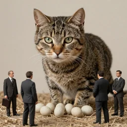huge cat guarding it's eggs from the business men. strange, photograph, photorealistic, 1850s