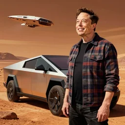 elon musk, wearing a plaid shirt, standing near cybertruck, smiling, looking at the sky, terraformed mars and starships in the background, long shot, digital art, highly detailed, a vintage american poster by j. howard miller,