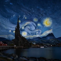 starry night in gausdal, norway, blue sky, dslr cinematic long - exposure photo