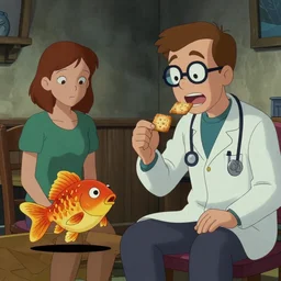 doctor loboto from psychonauts by double fine feeding his pet goldfish some crackers while Sasha nein watches disapprovingly