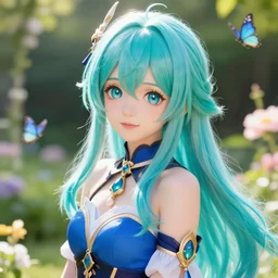 portrait of beautiful girl with long turquoise hair, big cute eyes, and a blue dress, in a garden full of flowers and Butterflies, intricate jewelry, genshin impact, realistic anime, backlit, volumetric lighting, strong rim light, sharp focus, excellent composition, octane render, trending on artstation, 8k