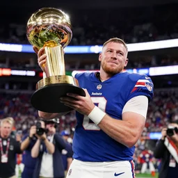 portrait of patriots qb mac jones lifting lombardi trophy, 5 0 mm lens
