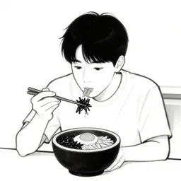 a man eating bibimbap by huskmitnavn, black and white drawing
