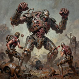thick acrylic paint of flayed god machines battle chaos, intricately macerated by age, sentient, dethroned goliath machine, whipping blood turbines, hydrocracking battles, rusted, macerated, eviscerated by fimbria wires, rotting, by wayne d barlowe, alex ross, simon bisley & boris vallejo, enric torres, hyper realism