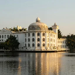 Neoclassical building with dome in the middle lake, hyperdetailed, artstation, cgsociety, golden hour 8k