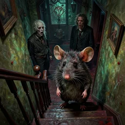 cinematic colorful horror artwork by artgerm, beksinski, mark brooks, stephen king ; real life full portrait of ugly furry mouse ots near edge pov top of stairs in hallway looking down ; dark ominous scary, 8 k hdr, creepy intricate ; volumetric dramatic lighting, insanely detailed, haunting