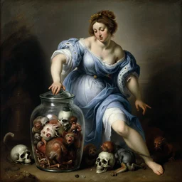 a painting of pandora opening her jar, releasing critters that impersonate sickness and death in the style of realism and artemisia gentileschi