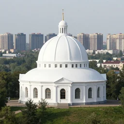 white dome mansion on a hill, with postsoviet city in the background