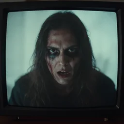 static tv footage of a evil presence looking threw the tv
