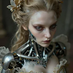 hyperrealistic close-up rococo cyborg mechanical woman! highly detailed concept art eric zener elson peter cinematic hard lighting high angle hd 8k sharp shallow depth of field, inspired by David Paul Cronenberg and Zdzisław Beksiński