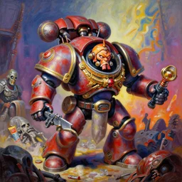 colourful painting of cheeky adeptus mechanicus, looting necron tomb, cinematic, intricate details, unreal engine 5, rule of three, vivid colors, dynamic lighting, by claude monet and marco bucci