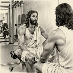 realistic pencil drawing of buff jesus christ sitting admiring himself in the mirror at the gym, masterpiece