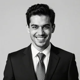 a guy in a black suit with a checkered tie and with black hair and no facial hair at all giving a vile smirk at the camera in a black and white photo ( realistic, photo - realistic, high detailed, great quality, hyperrealistic )