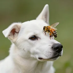 macro photography of a landing of a bee on a high detailed dog's nose. pollen on the nose. contest winning photography. 8 k. hyper - realistic
