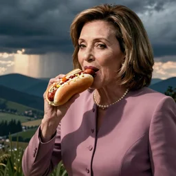 Nancy Pelosi eating hot dogs, digital art