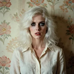 a beautiful but sinister woman in layers of fear, wearing a linen shirt, with haunted eyes and big platinum hair, 1 9 7 0 s, seventies, floral wallpaper, delicate embellishments, a little blood, painterly, offset printing technique, by william russell flint