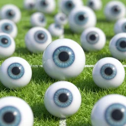 many giant eye balls, on a football field.