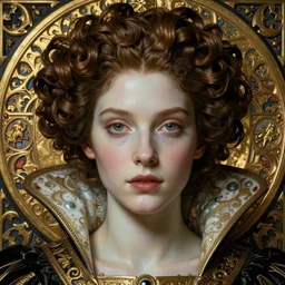 beautiful medieval queen face centered portrait, artwork by james jean, zdzisław beksinski and alphonse mucha, hyperdetailed realistic smooth polished porcelain, jean delville, art nouveau, iris van herpen, gustav klimt, ornate gothic icon with heavy patina, james jean, ultrasharp hyperdetailed photorealistic octane render