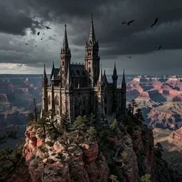dark gothic palace, made of rock with tall spires + bristlecone pine trees, grand canyon, ultrawide cinematic 3d render, dark dramatic skies, atmospheric, vultures