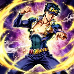 anime fighter jojo bizarre with flowing energy traveling universe high detail vivid