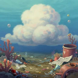 trash - inspired professional backgrounds for undersea television series polluted coral days. sewage and crumpled newspaper and plastic and metal products. bleak, messy rubble. adorable, friendly, idyllic cumulonimbus matte painting from fantasia pastel from fantasia ( 1 9 4 1 )