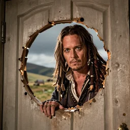 Johnny Depp as Jack Torrance in Shining looking through the hole in the door,