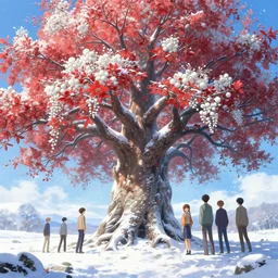 giant of life tree in snow with red flowers white fruit, aesthetically inspired, fantasy art by greg rutkowski, loish, rhads, ferdinand knab, makoto shinkai and lois van baarle, ilya kuvshinov, rossdraws, tom bagshaw, global illumination, radiant light, detailed and intricate octane render environment