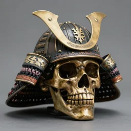 old bronze skull of toyotomi hideyoshi wearing a samurai helmet, professional photo shot, depth of field, intricate details