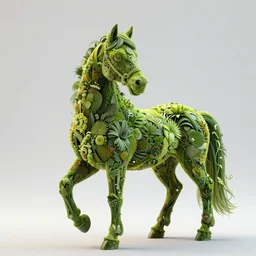 a stunning horse made of plants by sandra chevrier and greg rutkowski, high key lighting, volumetric light, digital art, highly detailed, fine detail, intricate, ornate, complex, octane render, unreal engine, photorealistic