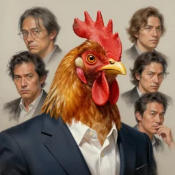 concept art of chicken - head man wearing suit, highly detailed painting by dustin nguyen, akihiko yoshida, greg tocchini, greg rutkowski, cliff chiang, 4 k resolution, trending on artstation, 8 k