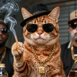 a gangster red tabby cat wearing golden chains, sunglasses, smoking, gritty look, urban style