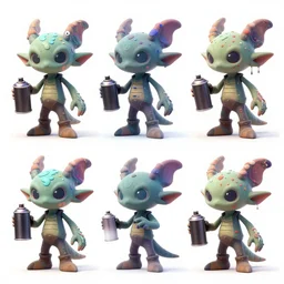 character design sheets for a colorful gothic mantaray who sells spray paint cans and is always covered in paint and clay, designed by splatoon nintendo, inspired by tim shafer psychonauts 2 by double fine, cgi, professional design, gaming
