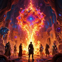 the kiln of the first flame from dark souls 3, infinite fractal tesseract, vibrant, synthwave, bright neon colors, highly detailed, cinematic, eyvind earle, tim white, philippe druillet, roger dean, ernst haeckel, lisa frank, aubrey beardsley, kubrick