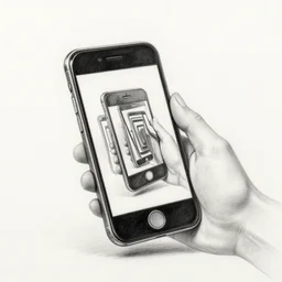 pencil drawing of a floating smart phone taking a picture of itself in a mirror by itself, the phone screen contains infinite phones, infinite recursion, pencil art, in the style of m. c. escher, clean, detailed