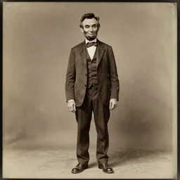 Abraham Lincoln smiling, portrait, full body, symmetrical features, silver iodide, 1880 photograph, sepia tone, aged paper, Sergio Leone, Master Prime lenses, cinematic