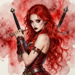 portrait of a red-haired girl with a gothic makeup face wears an armor bracelet and a matching outfit, the red-haired girl carries a sword behind her back and is surrounded by a beautiful red aura, hyper-realistic watercolor drawing, trending on art station , 4k, digital art