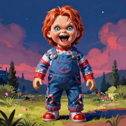 a screaming chucky doll, in full height, unreal engine, digital painting, vivid colors, vibrant colors, sharp focus illustration, artstation hq. intricate, elegant, medium shot, art by wlop