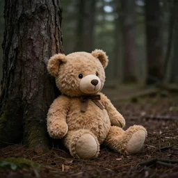 a lonely teddy bear searching for shelter in the woods, dramatic