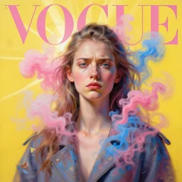 3 d, pink and blue smoke, sun rays, frown fashion model, poster art, high detail, intricate oil painting, multiple exposure, yellow mood, hyperrealism, 3 d, vogue cover style, by tooth wu and wlop and beeple and greg rutkowski