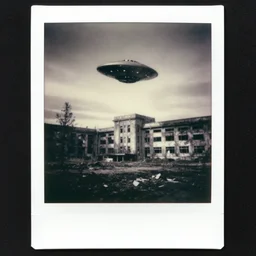 old polaroid of one ufo flying above an abandoned hospital during world war 2, award winning, fallout, nuclear ashes, pictorialism, wide angle, black and white, god rays!!!