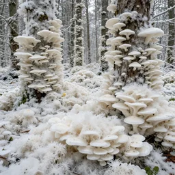 forest infested by fungal bloom, white fungal spores everywhere, trees covered in mushrooms and fungi, white color palette