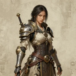 photo brush painting buddhist wall portrait of a noble young woman with a sword in style of game art lord of the rings banner saga ashes of gods gantz miura kentaro photorealistic steampunk frank miller alex ross trending
