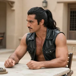 muscular man sitting at table on tatooine, wearing a black black leather vest vest vest, no shirt, shirtless, long long black black hair in a ponytail ponytail 9 9 9 9 9 9